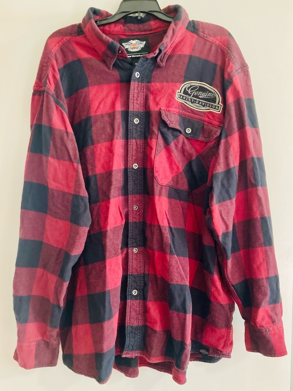 Harley-Davidson Men’s 3XL Red Plaid Flannel Button-Front Shirt Pocket